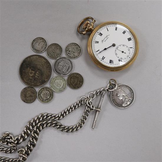 A Bravingtons rolled gold pocket watch, a silver watch chain mounted with an 1887 shilling & sundry silver coinage